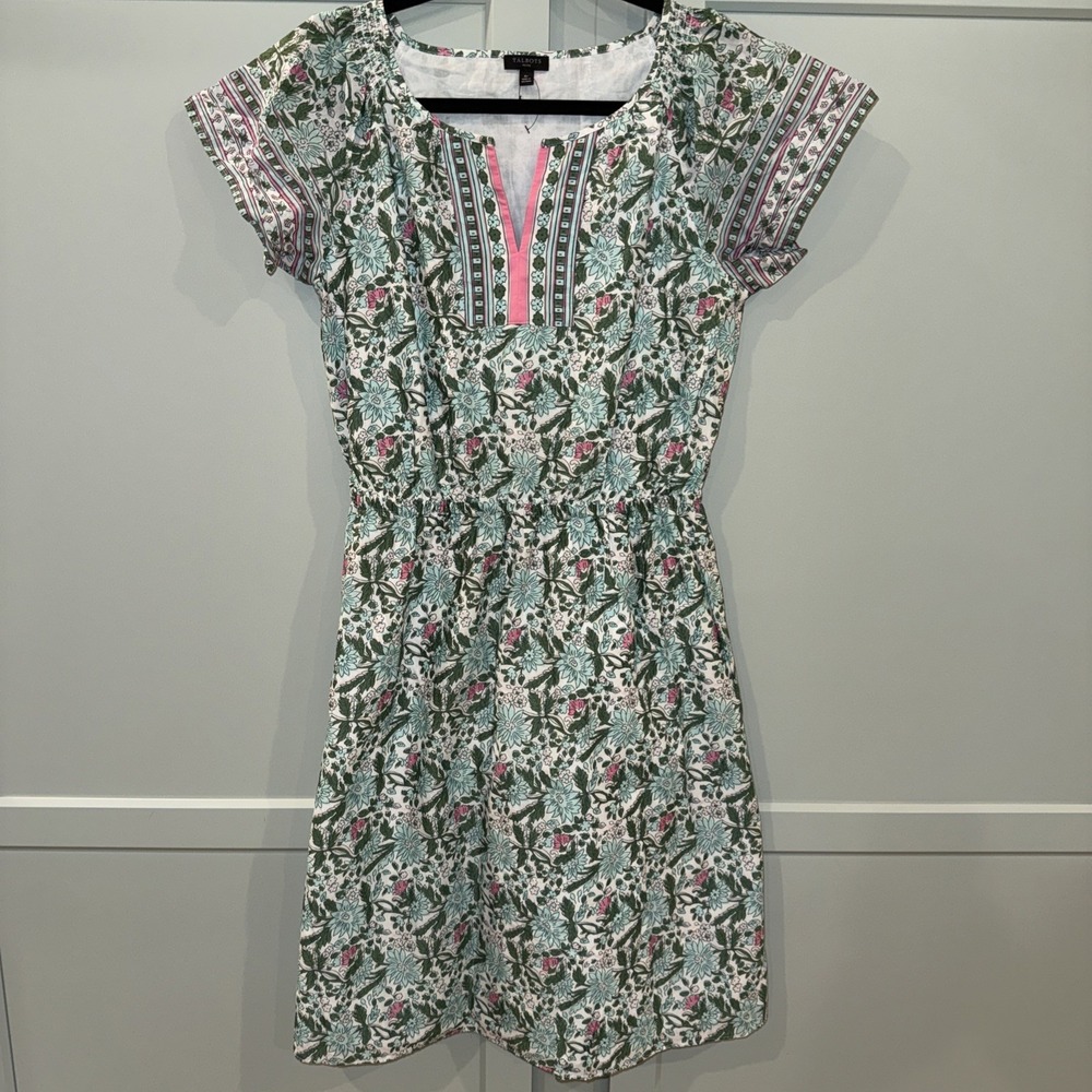 Talbots Petite Primrose Green Pink Floral Cotton Voile Fit Flare Dress Size 8P - Picture 2 of 10